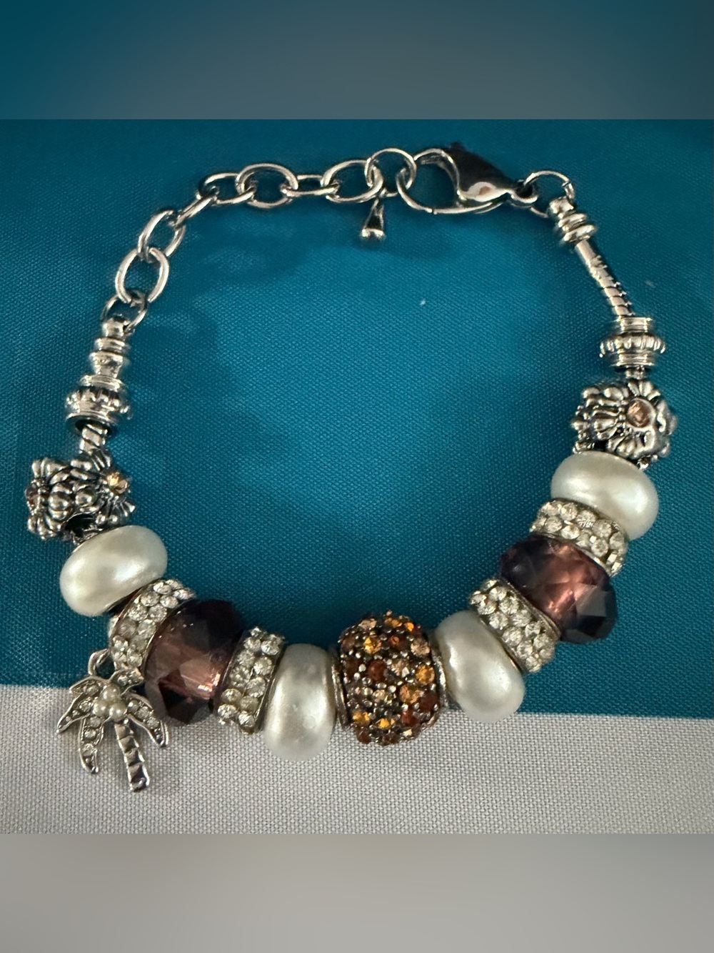Bella Perlina Silver-Tone Pearl & Amber Crystal Charm Bracelet